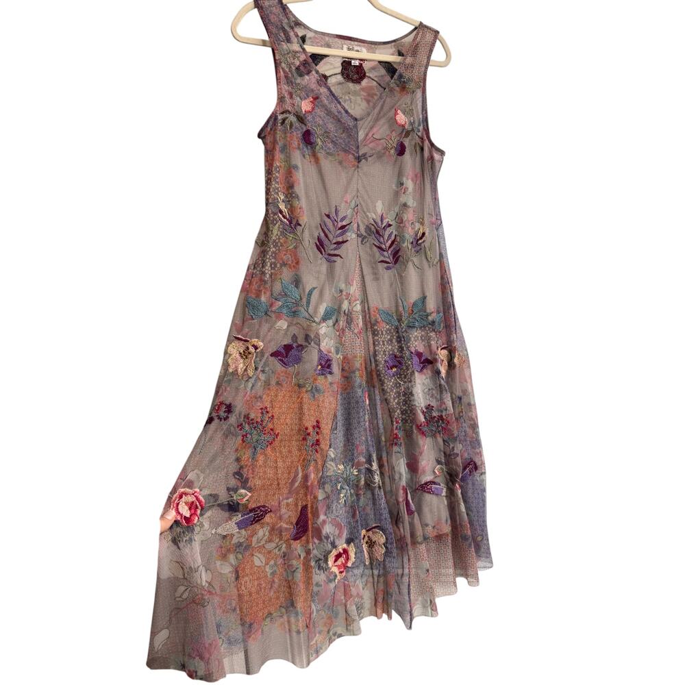 Johnny Was Silvana Midi Dress Womens M Multicolor Embroidered Floral Mesh Lined - Picture 7 of 14